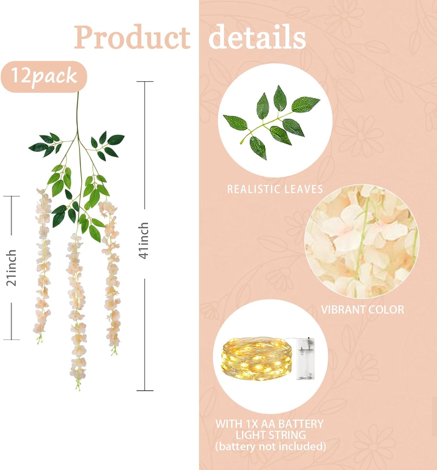 12 Pack Champagne Wisteria Hanging Flowers Garland with Lights, 3.44 Feet Artificial Flower Vines, Fake Wisteria, Artificial Vines Hanging Garland for Backdrop Outdoor Patio Garden Decor