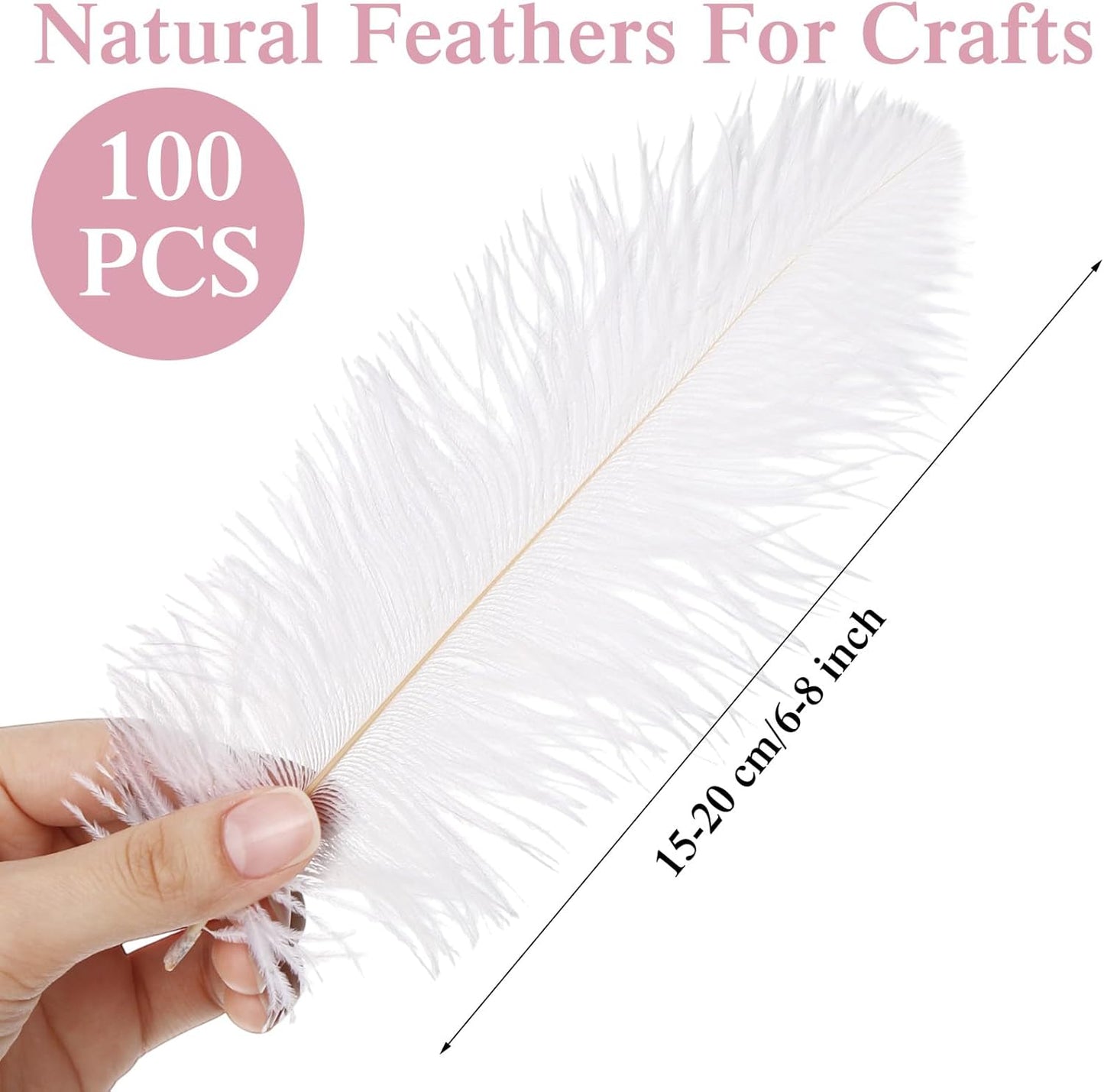 Crowye 100 Pcs Ostrich Feathers Bulk for Centerpieces Craft Ostrich Feathers for Vase Wedding Masquerade Party Home Costume Decorations (6-8 Inch,White)