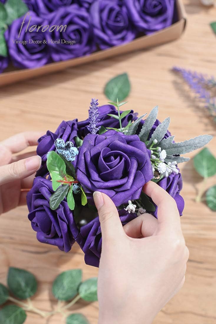 Floroom Artificial Flowers 25pcs Real Looking Dark Purple Foam Fake Roses with Stems for DIY Wedding Bouquets Bridal Shower Centerpieces Floral Arrangements Party Tables Home Decorations