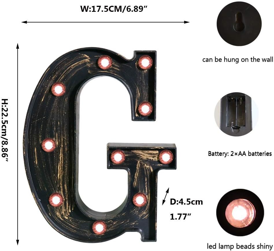 OYCBUZO Golden Black Led Marquee Letter - Industrial, Vintage Style Light Up Alphabet Letter Sign for Cafe Wedding Birthday Party Christmas Lamp Home Bar Initials Decor - G