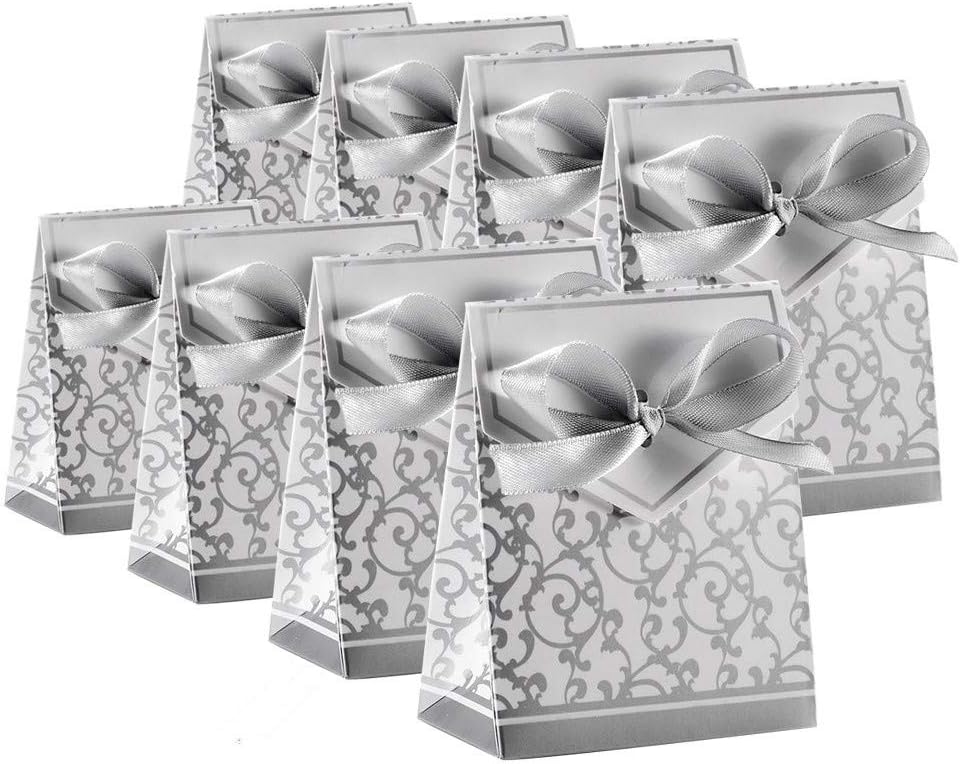 KUPOO 50PCS Candy Boxes,Silver Ribbon Wedding Favor Boxes Candy Bag Cake Box for Wedding Party Decoration Easter (silver)