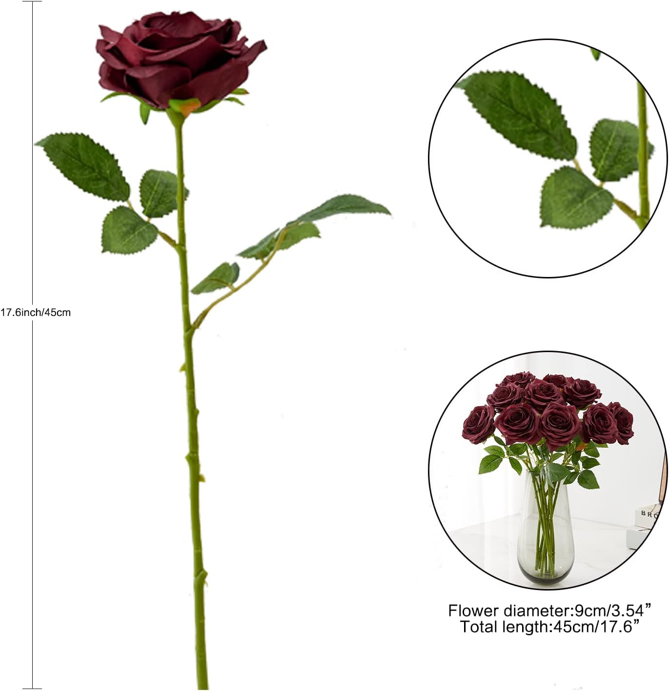 Artificial Rose 10pcs Open Flower Bouquet Faux Rose Stems for Wedding Arrangement, Bridal Bouquet, Centerpiece, Fake Faux Silk Flowers (Burgundy)