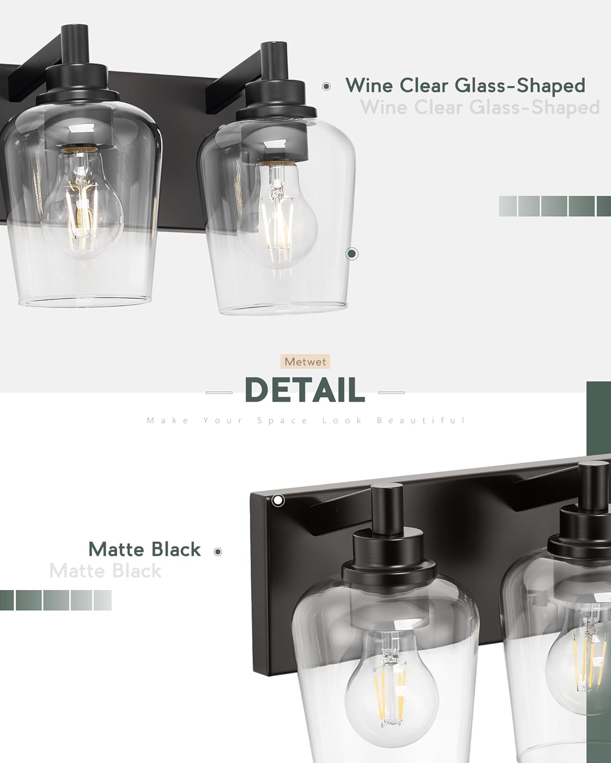 Bathroom Light Fixtures, 3-Light Modern Vanity Light with Clear Glass Wine Glass-Shaped Shade, Vanity Lighting Fixtures Over Mirror, Matte Black, VL155-MB-3
