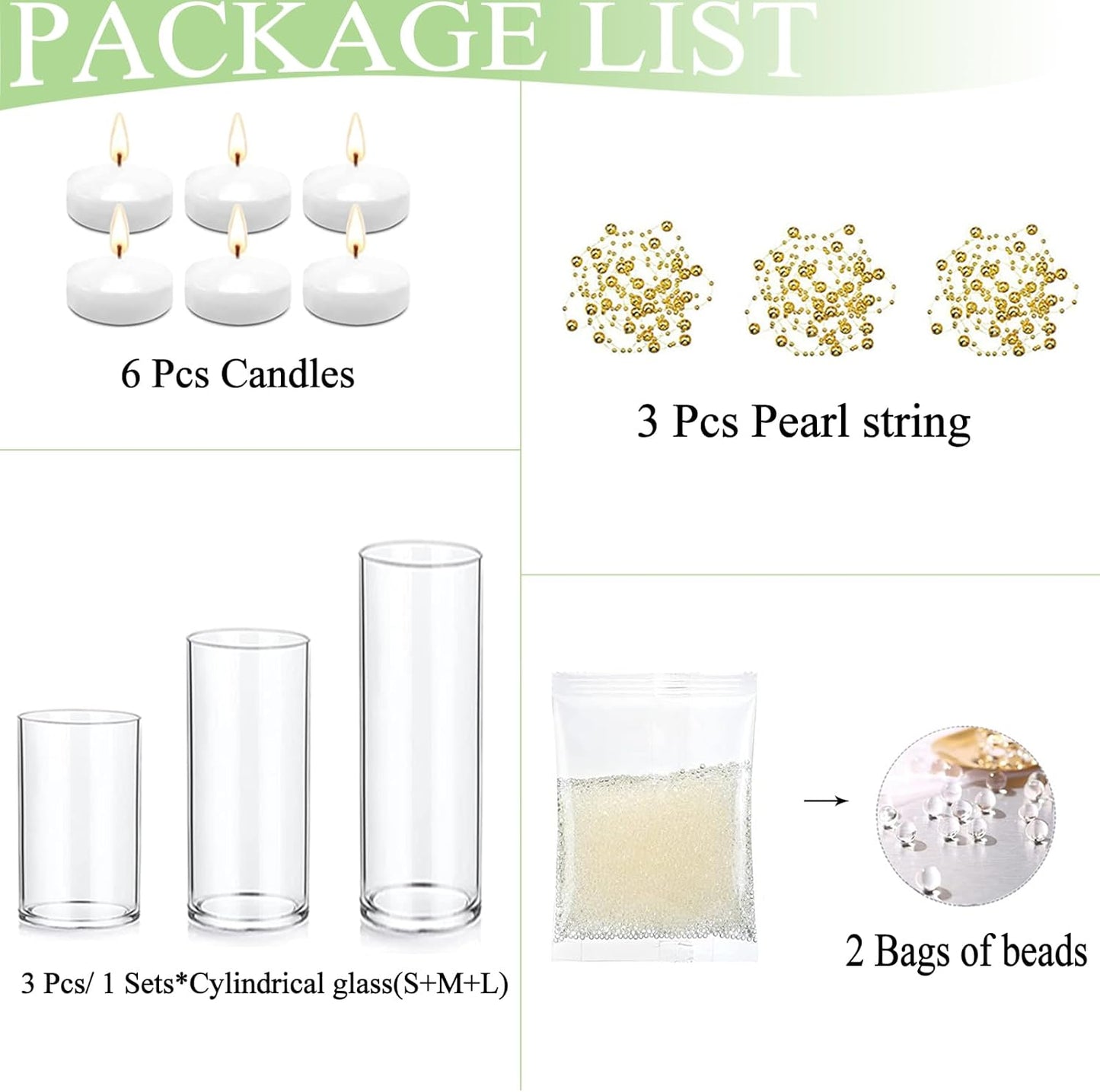 Set of 3 Glass Cylinder Vases for Centerpieces with 2 Pack Vase Filler 3 Pearl String 6 White Floating Candles for Centerpieces, Table Center Pieces for Wedding Party Home Decor 5, 6, 8 Inch