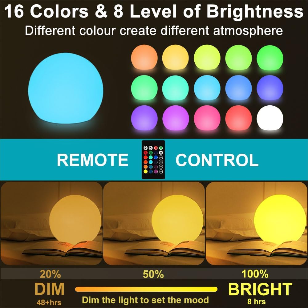 10-in Glowing LED Ball Light, Dimmable 16 RGB Color 4 Mode Glowing Orb Lights w/Remote, Rechargeable Light Up Ball Orb Lamp, Waterproof Outdoor Globe Lights Mood Lamp for Home Garden Party Path Decor