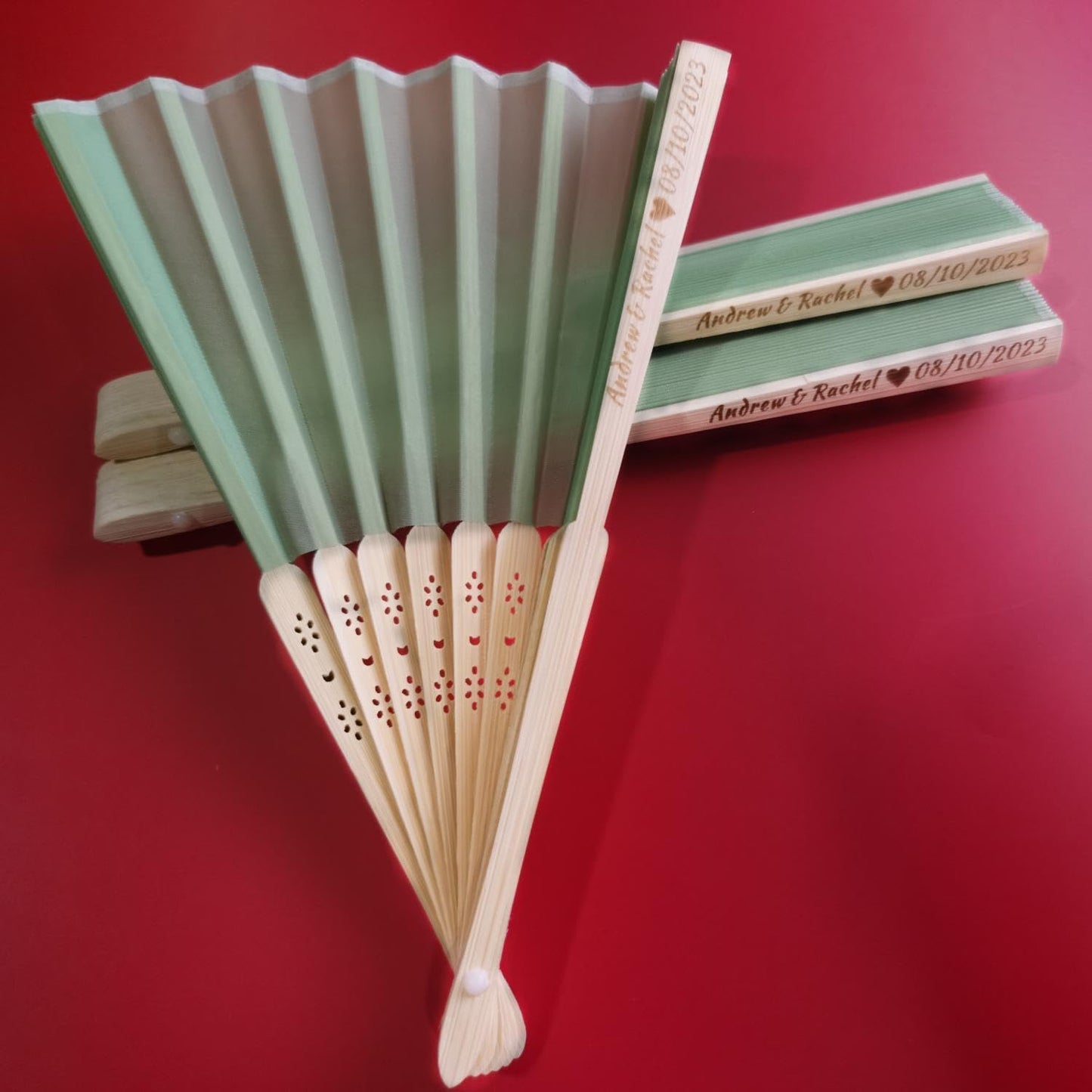 Personalized Wedding Fans Handheld Folding Fans (60Pcs) - Custom Engraved Green Silk Fans for Bridal Shower Favor/Baby Shower Favor, Birthdays Party Gifts/Gifts for Party Guests