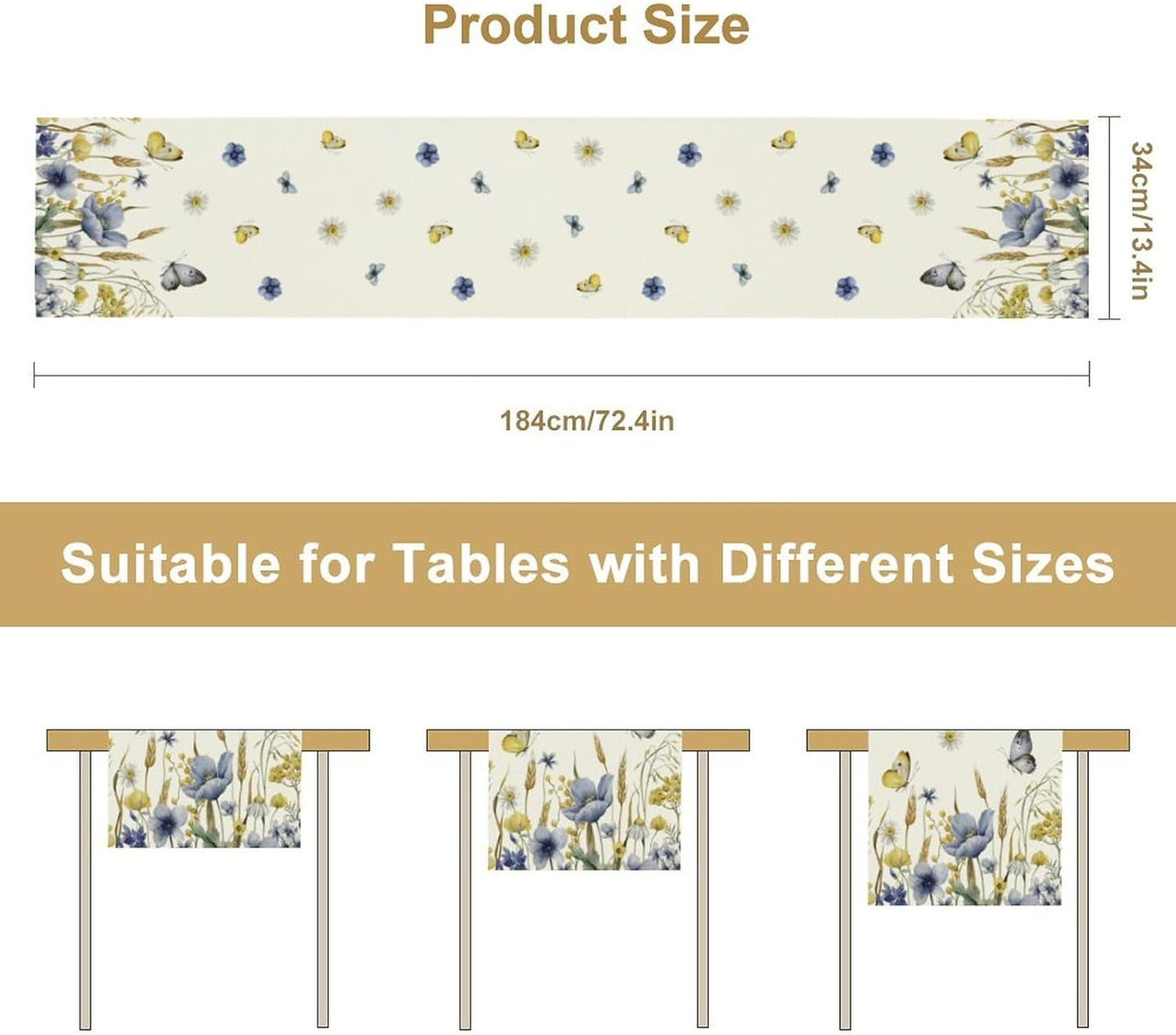 Floral Table Runner, Spring Watercolor Flower Plants Nature Butterfly Table Runner for Kitchen Dinner Living Room Home Party, 13x120 Inch