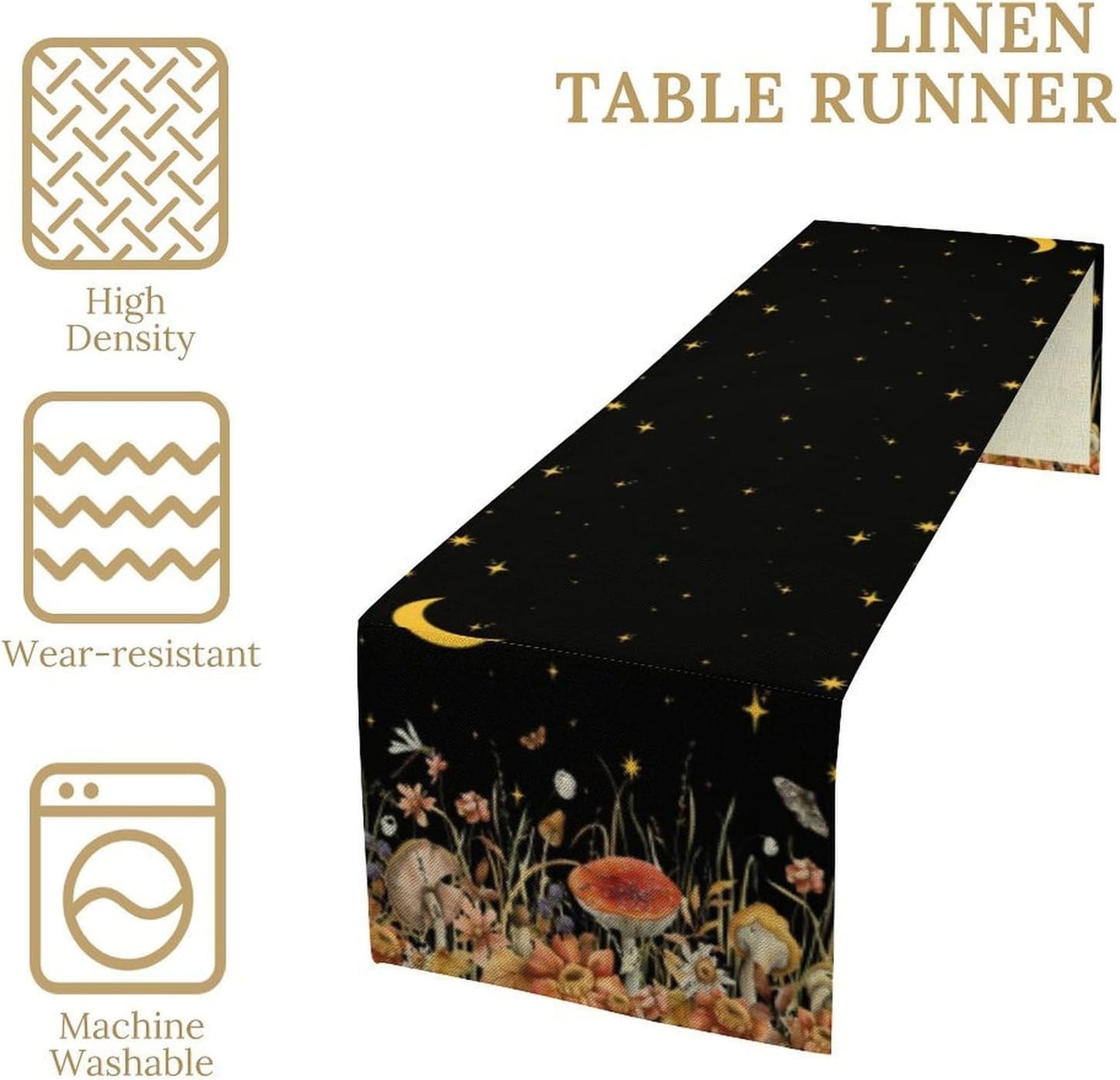 Mushroom Kitchen Table Runner, Gothic Moon Star Plants Witchy Moonlit Flower Butterfly Table Runner for Kitchen Party Living Room Drapes, 13x36 Inch Black