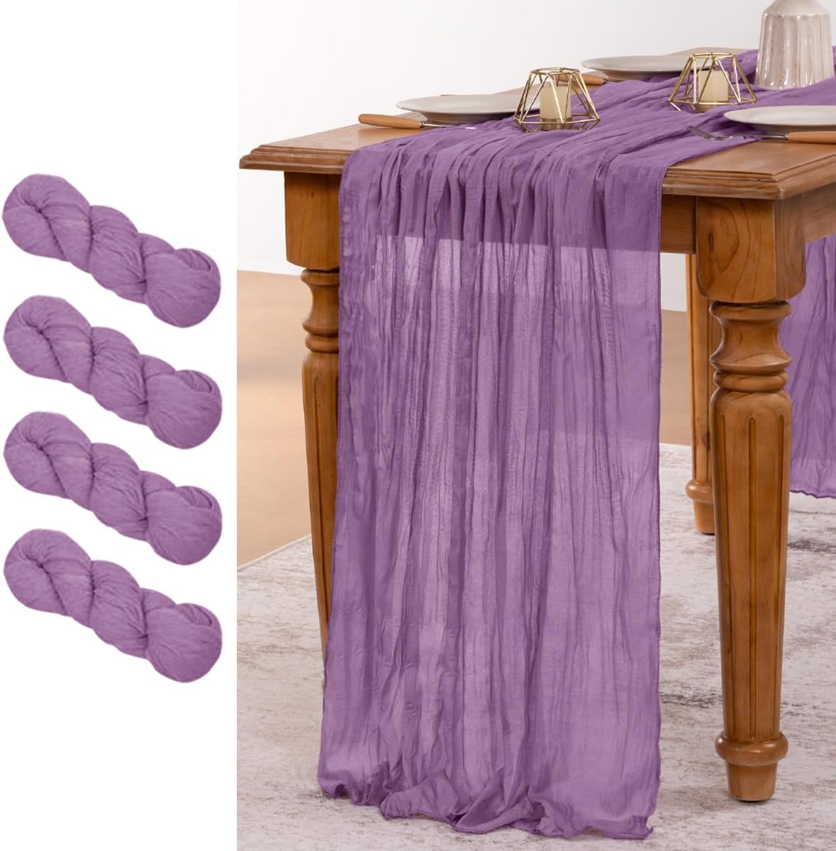 MLMW 4 Pack Fall Table Runner Purple Cheesecloth Boho Rustic Sheer Cheese Cloth Table Runner 160 inch 13.3ft for Halloween Wedding Party Baby Bridal Shower Birthday
