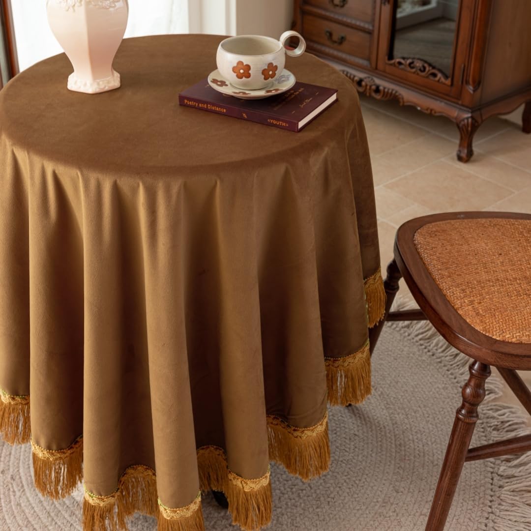 F-CHU Luxury Camel Tablecloth Thickset Velvet Tablecloth with Beautiful Gold Tassels Vintage Table Cloth for Home Decor Wedding, Party, Banquet and Events 60" Round
