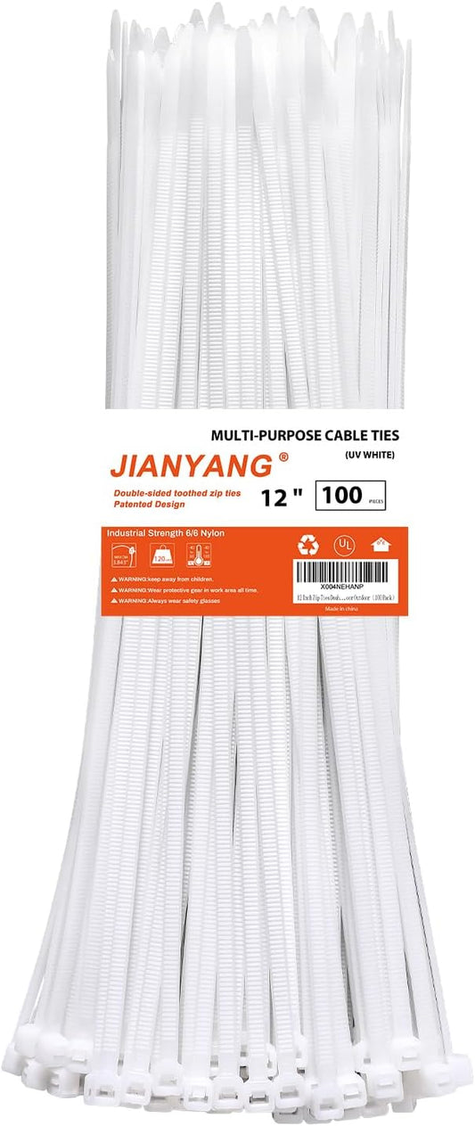12 Inch White Zip Ties Double Sided Toothed,120 LBS Tensile Strength Heavy Duty Cable Wire Ties With Self-Locking Adjustable More Durable Nylon Tie Wraps for Indoor Outdoor（100 Pack）
