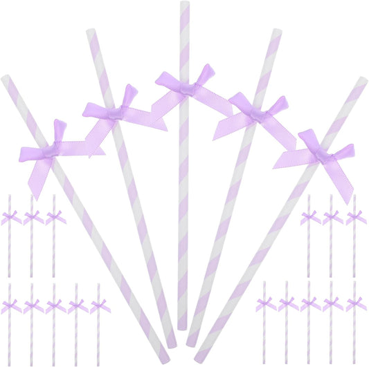 60Pcs Purple Paper Straws with Bow Tie Decorations, Disposable Drinking Straws for Birthday, Wedding, Baby Shower, Party Supplies and Festive Events