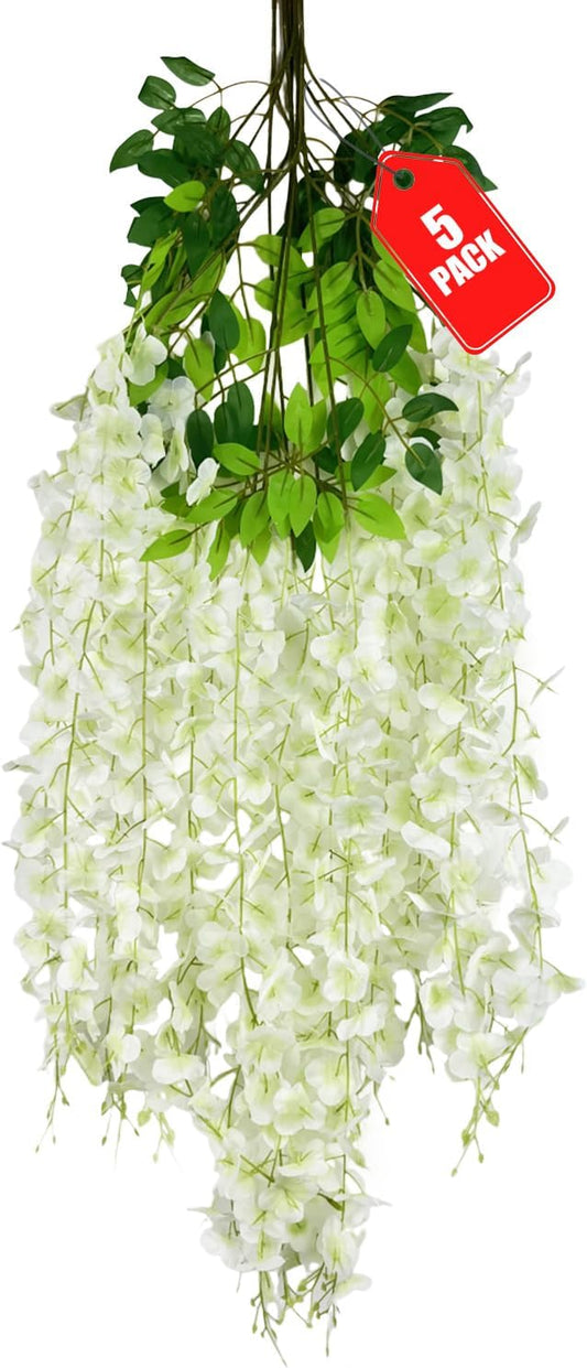 5 Pack Green White Wisteria Hanging Flowers, 3.44 Ft Fake Hanging Flowers, Artificial Wisteria Garland Vines for Wedding Room Backdrop Outdoor Patio Garden Decoration