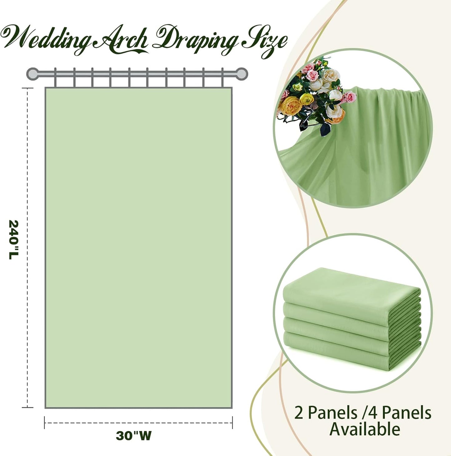 SiinvdaBZX 2 Panels Wedding Arch Draping Fabric 30" x 20Ft Sage Green Sheer Chiffon Fabric Outdoor Extra Long Decorative Drapery Fabric for Party Ceremony Ceiling Curtain Backdrop