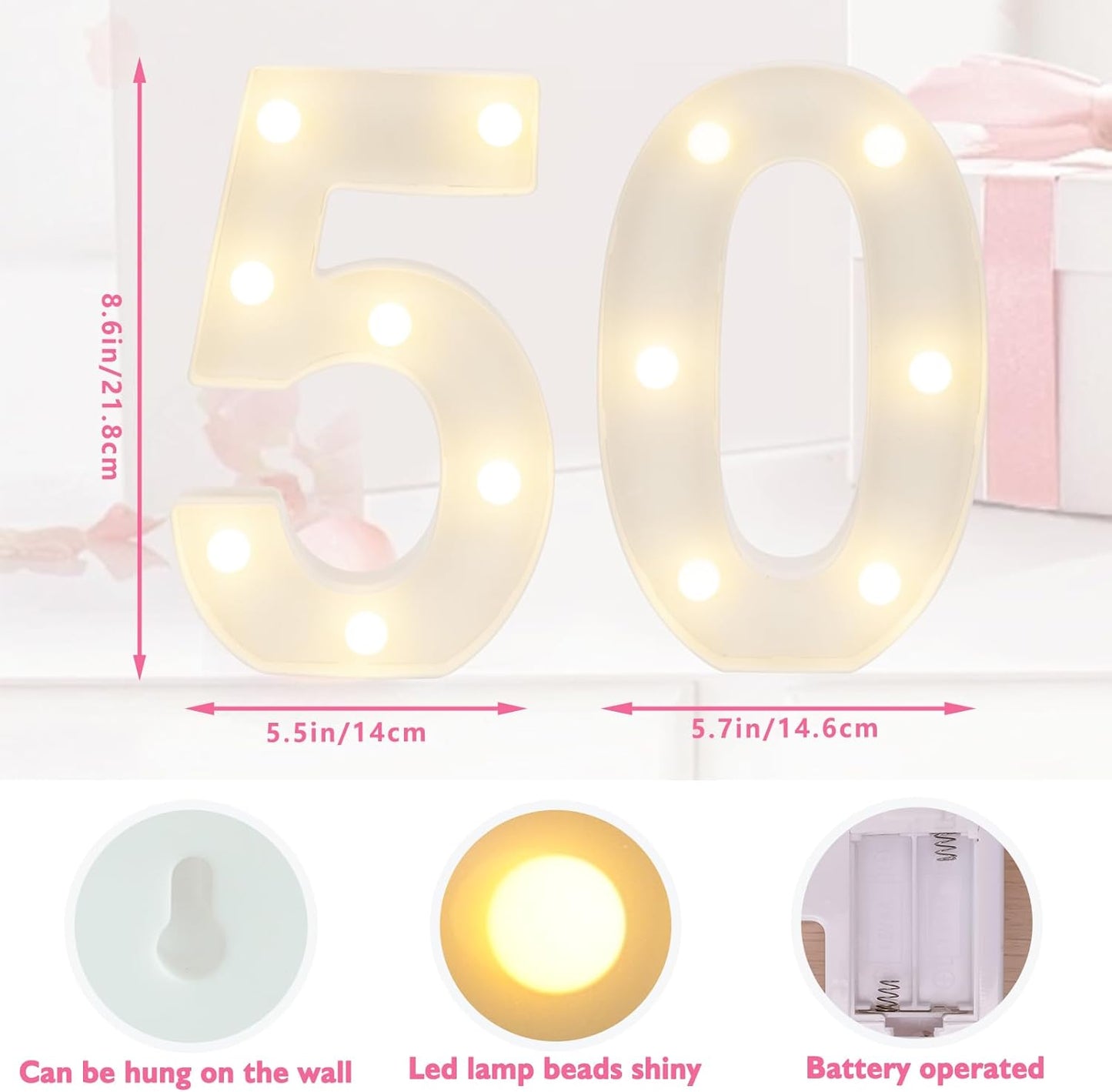 LED Marquee Letter Lights, Decorative Light Up Numbers for 50th Birthday Party, Battery Operated, Warm White Small Marquee 50 Sign for Anniversary Decorations