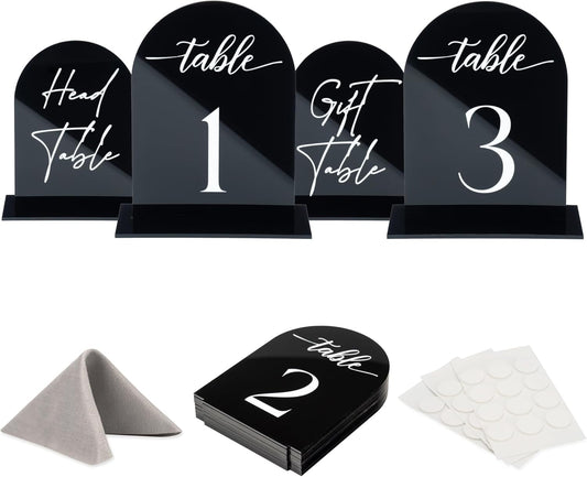 Black Arch Acrylic Table Numbers for Wedding Reception - 5" x 7" White Font Centerpiece Set with Holder Stands & Head Table Sign - Anniversary, Event, Party, Wedding set 1-10