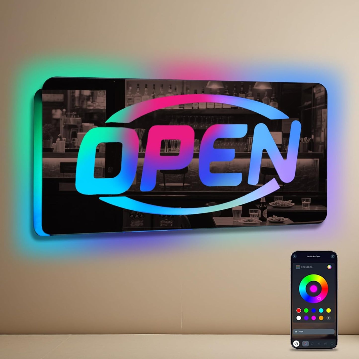 Ineonlife Open Neon Sign Square Mirrored Colorful LED lights for Business Decor Bright Led Light Signs Window Door Decoration Bar Shop Coffee Salon Hotel Store 14.57 x 6.69 inches USB Powerd