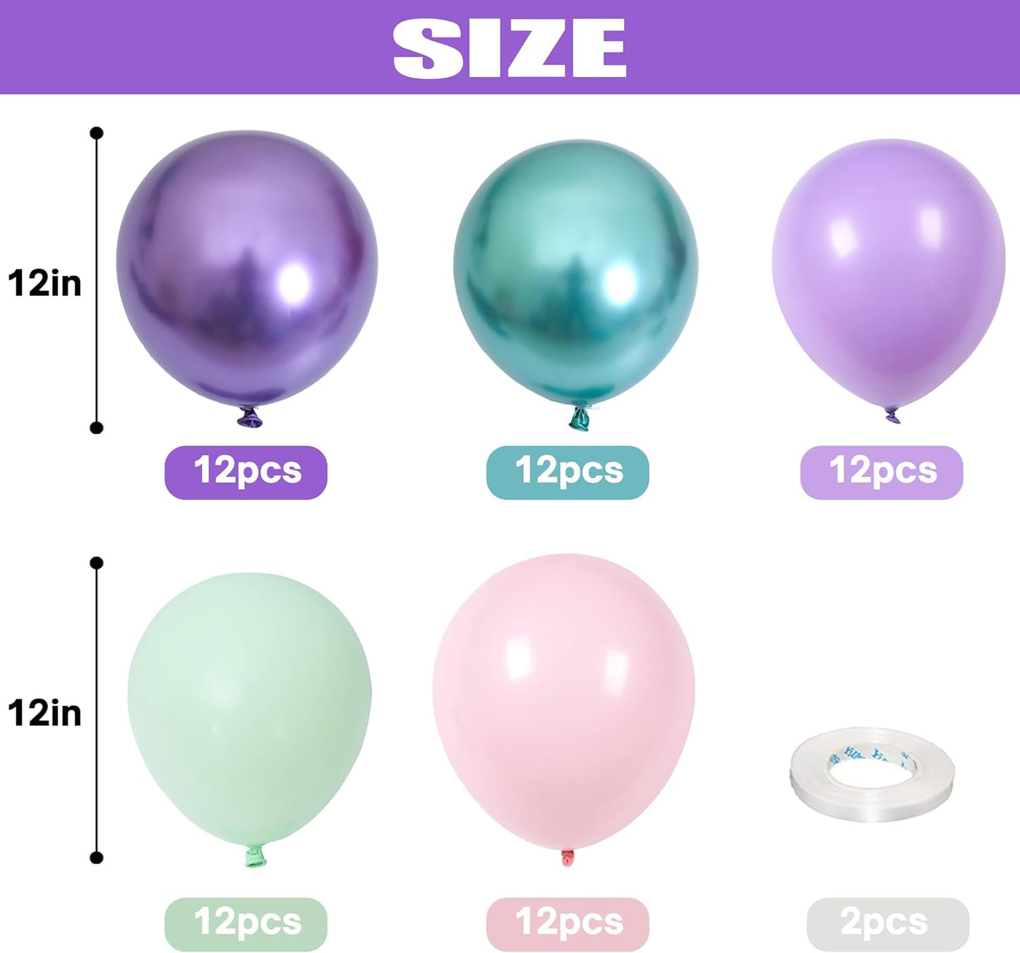 Togvu Mermaid Party Balloon Set, 60 Packs 12 Inches Metallic Purple Pink Green Blue Latex Balloons for Girls Birthday Decoration, Baby Shower, Birthday, Under The Sea Decorations QQ-5023