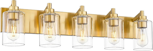 5-Light Bathroom Light Fixtures, 30 Inch Brushed Gold Vanity Light with Cylinder Clear Glass Shade, Modern Vanity Lighting Fixtures Over Mirror, VL143-BG-5