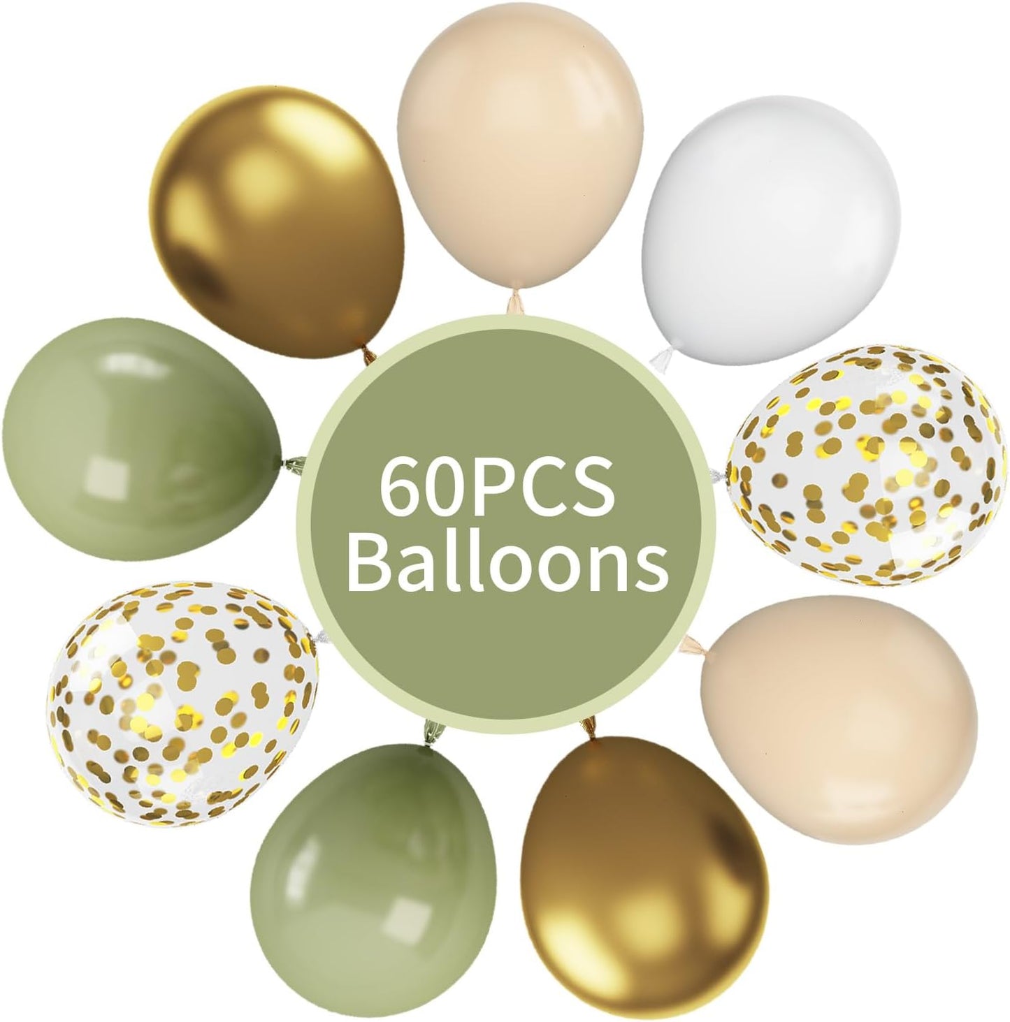 Green & Gold Balloons - 60 Pcs Sage Green & Apricot, 12 Inch Metallic Gold Confetti, Retro Green Latex for Baby Shower, Wedding, Birthday, Jungle Animal Theme Party Decorations