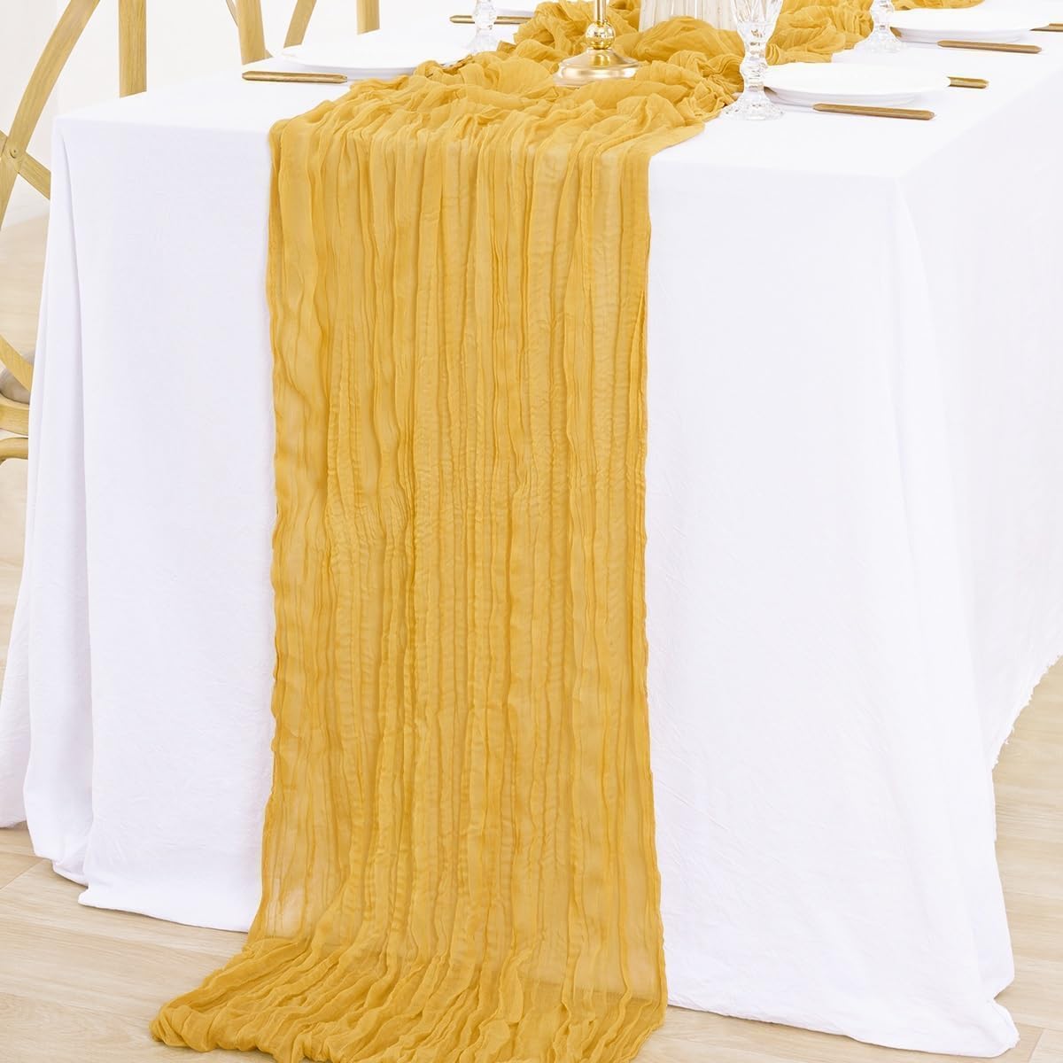 MLMW 6 Pack Fall Thanksgiving Table Runner Gold Cheesecloth Table Runner Halloween Boho Gauze Rustic Cheese Cloth 160 inch 13.3ft for Wedding Party Baby Shower Bridal Shower Holiday Decorations
