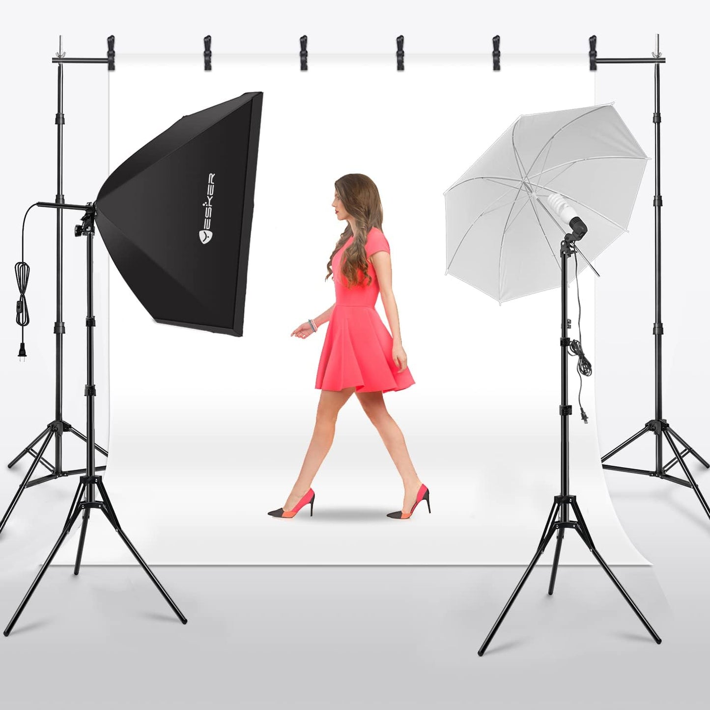 Yesker Photography Lighting Kit 8.5 x 10 ft Background Support System Umbrellas Softbox Continuous Lighting Kit for Photo Shoot Studio Portrait, Product and Video Recording Photography