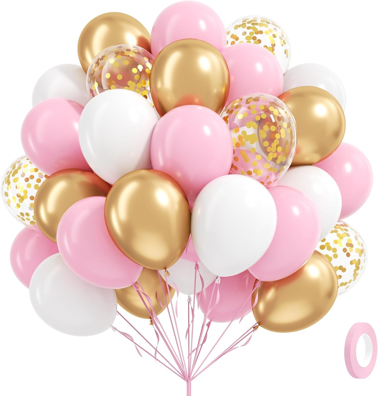 60pcs Pink and Gold Balloons 12inch, Pink and White Balloon with Metallic Gold Confetti Balloons for Baby Shower Wedding Birthday Party Decorations