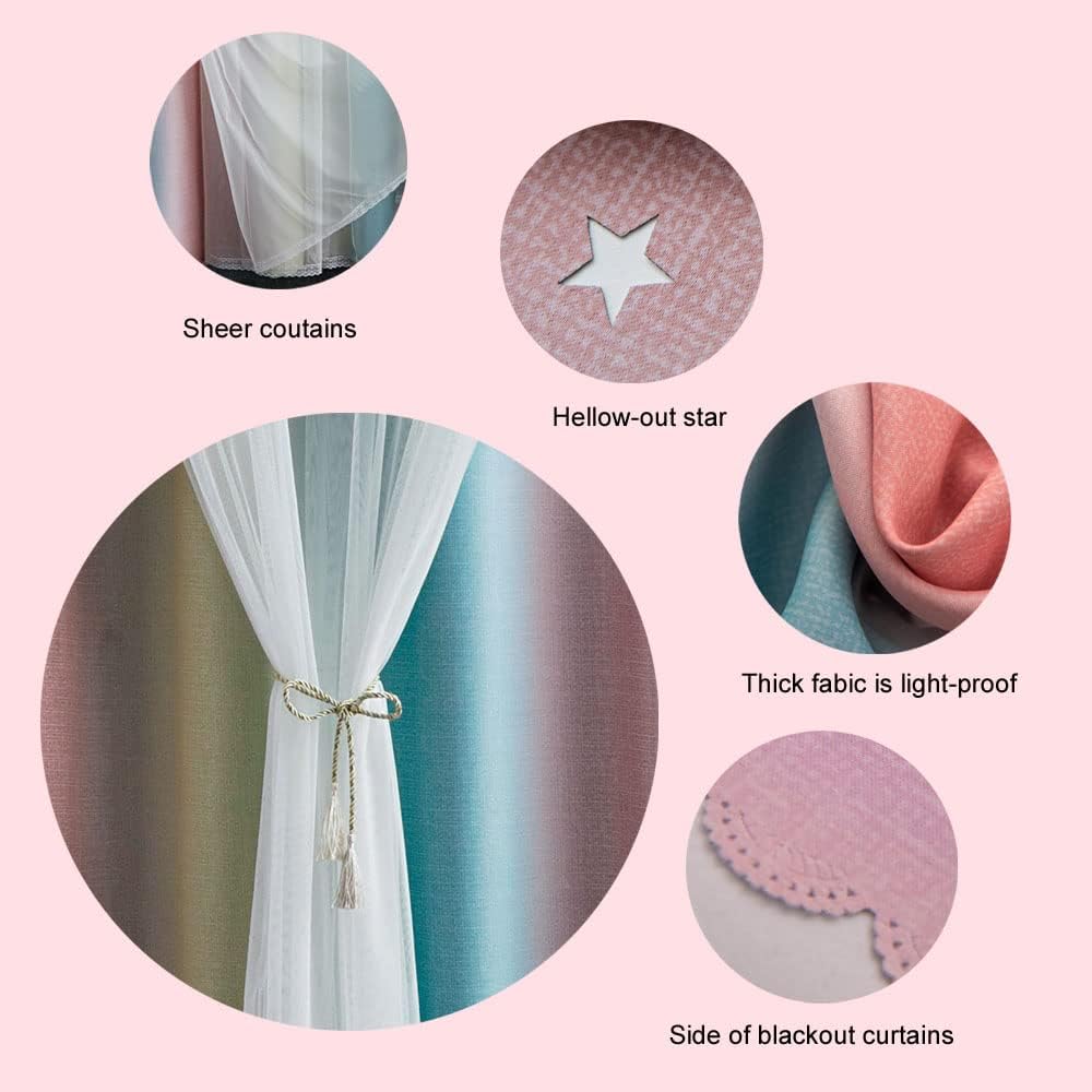 FANLI Ombre Rainbow Blackout Curtains for Kid Girls Bedroom Living Room Darking Stripe Double Layer Star Cut Out Wall Home Decor Gradient Grommet Window Curtains (Pink/Blue, 52W x 72L)