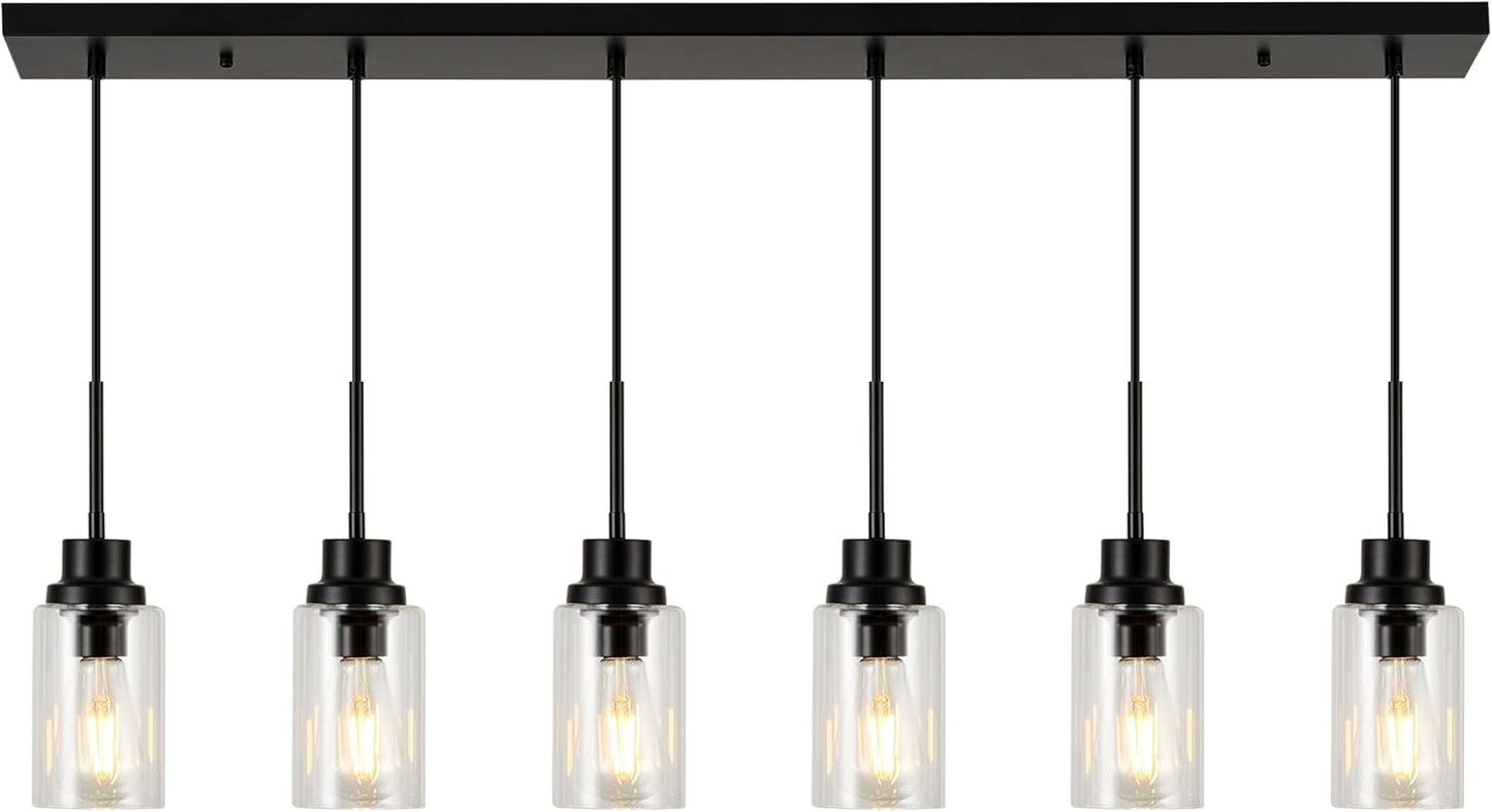 6 Lights Island Lights for Kitchen Modern Industrial Black Linear Chandeliers with Clear Glass Shade for Dining Room Kitchen Long Finish Ceiling Lighting Fixtures