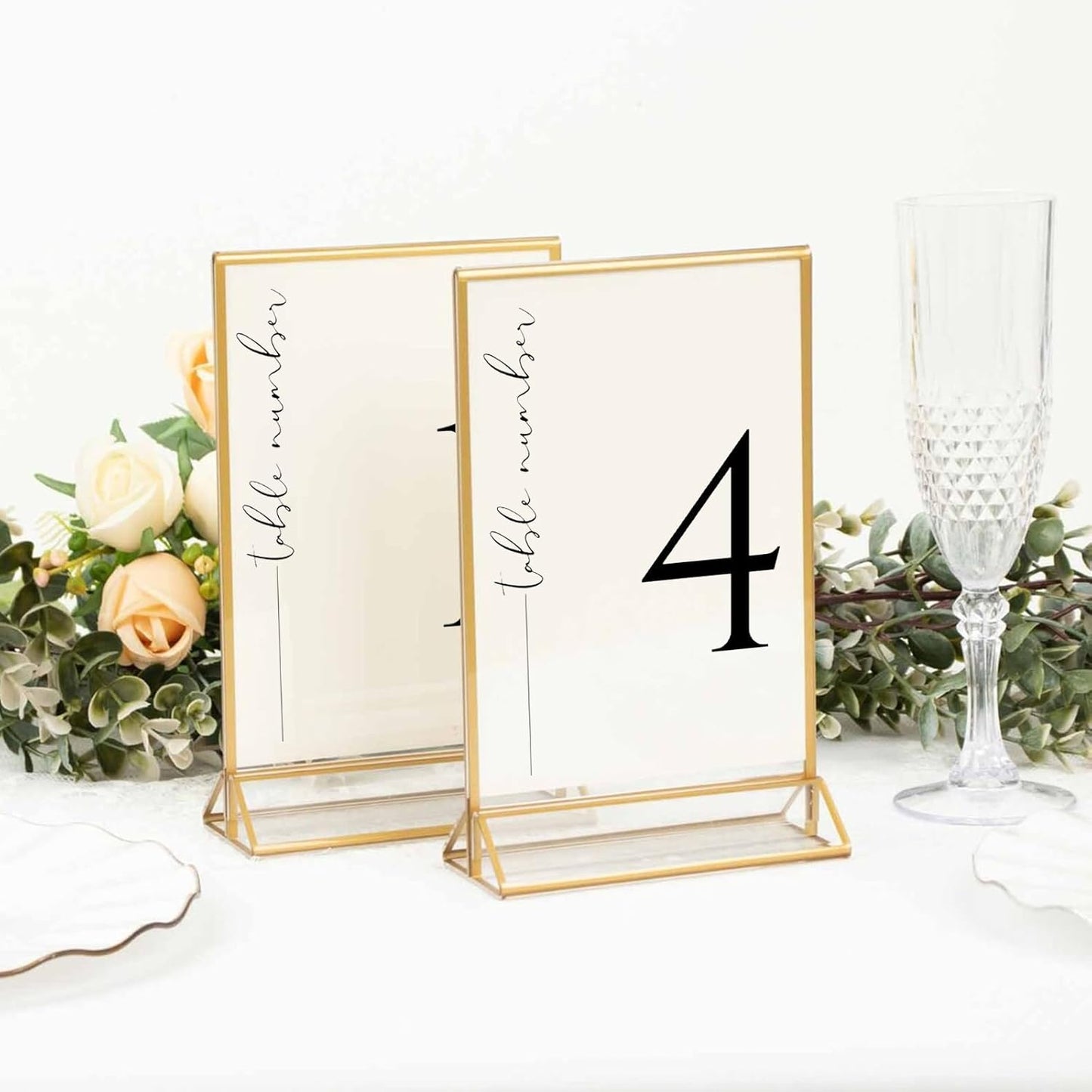 HOODO 8 Pack 5x7 Acrylic Table Number Holders with Golden Border, Double-Sided Clear Acrylic Sign Holder Gold Picture Frames Sign Holder, Vertical Stand (5"x7"-8 Pack)