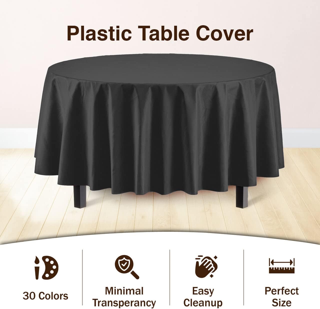 Exquisite Party Solids 12-Pack Premium Plastic Tablecloth 84in. Round Table Cover - Black