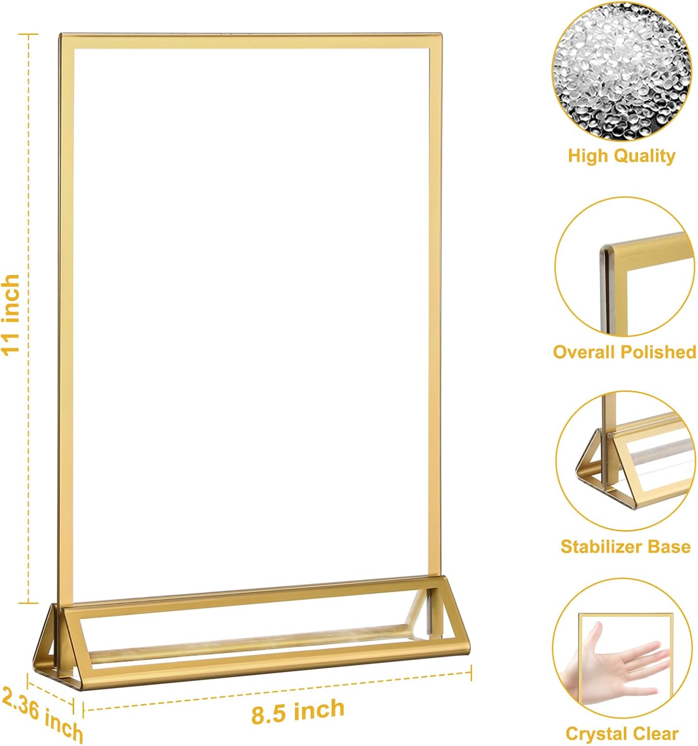 EHWINE 8 Pack Acrylic Sign Holder 8.5 x 11, Double Sided Gold Picture Frame Stand up Table Top Sign Holders, Clear Display Stand Menu Flyer Holder for Wedding Party (Provide Non-slip Mats)