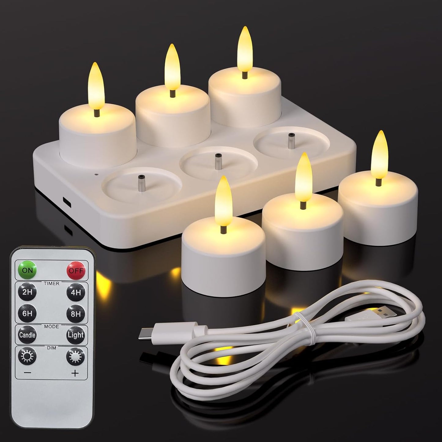 Flameless Tea Lights Candles with Charging Station, LED Tea Lights Candles with Remote Control Timer for Wedding, Christmas, Halloween,Anniversary, Home Decor, 6-Pack