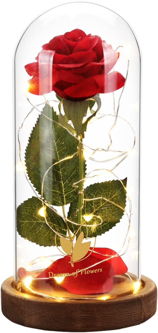 Christmas Day Rose Gifts for Her,Beauty and The Beast Rose in Glass Dome Lasts Forever Red Rose with LED Lights,Gifts for Women Mom Wife,Anniversary,Thanksgiving Gifts,Wedding Home Decor