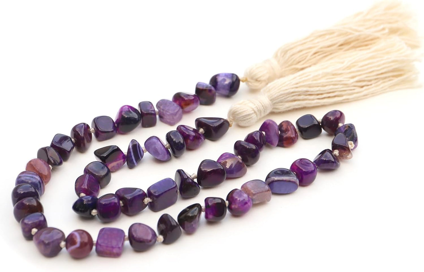 Agate Stone Hand Knotted Garland Modern Farmhouse Rustic Table Home Decor, 30inch Meditation Accessories with Tassel, Prayer Healing Beads Boho Wall Shelf Hanging Decoration (Deep Purple)