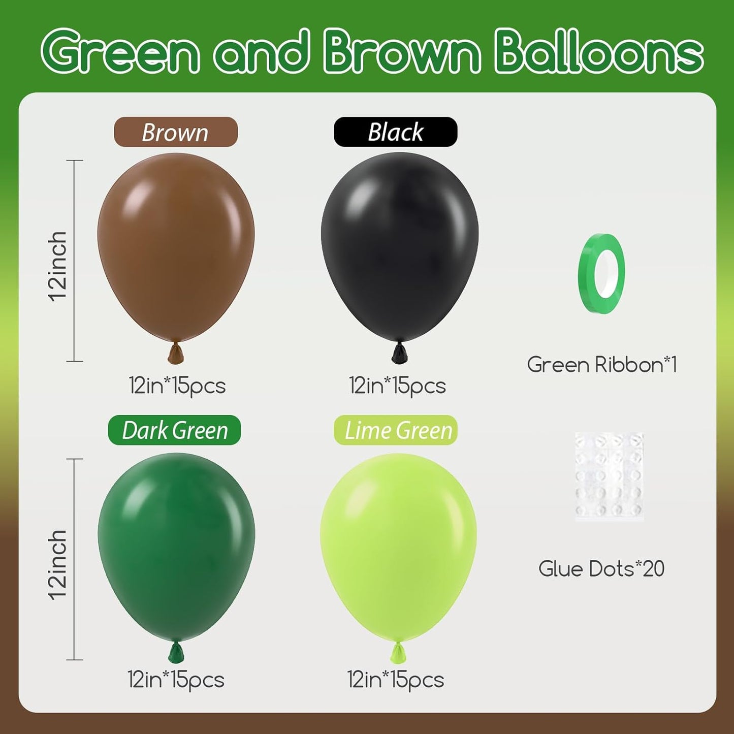 60pcs Green and Brown Balloons 12inch with Brown Black Dark Lime Green Balloons for Jungle Video Game Theme Baby Shower Birthday Party Decorations