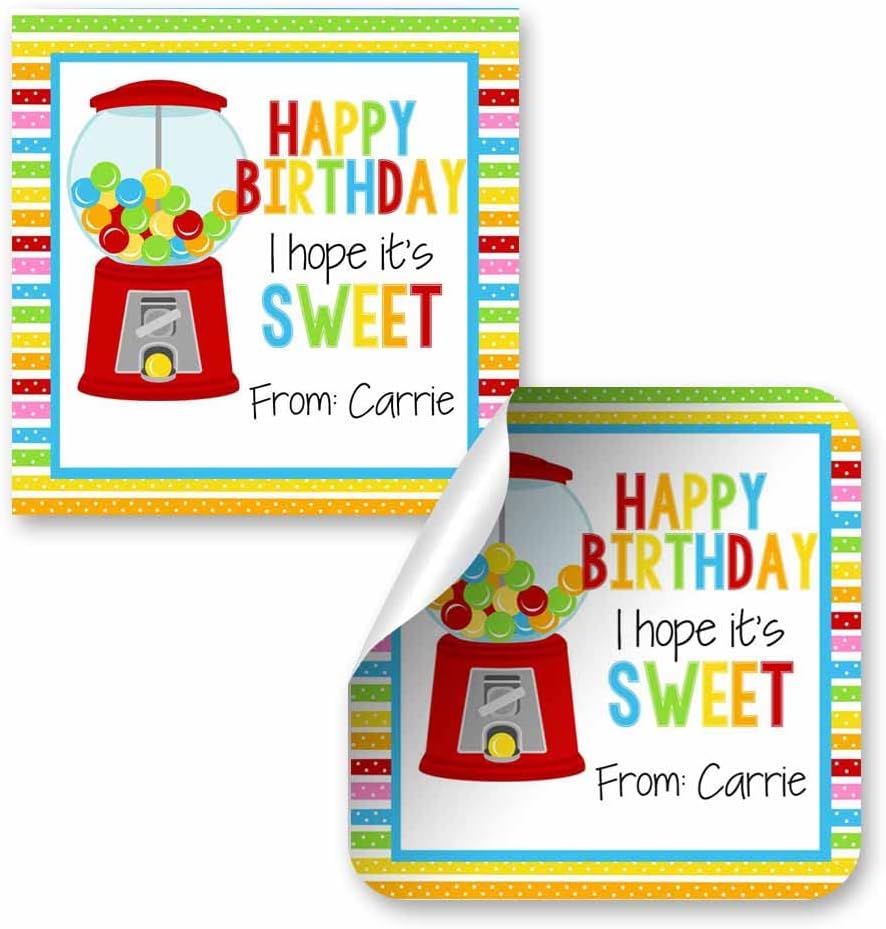 Custom & Personalized Sweet Gumball Happy Birthday Gift Tag Sticker Labels, 24 2.5" Square Stickers by Amanda Creation