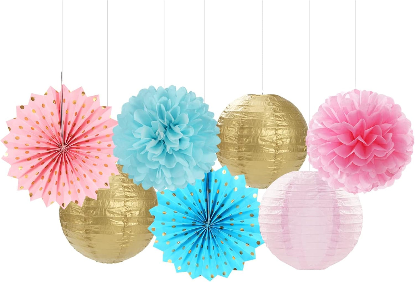 Pink Blue-Gold Party-Decorations Streamers Lanterns - 14pcs Gender Reveal Boy or Girl Birthday Paper Lanterns Fan,Tissue Pom Poms Streamer, Honeycomb Balls Decor