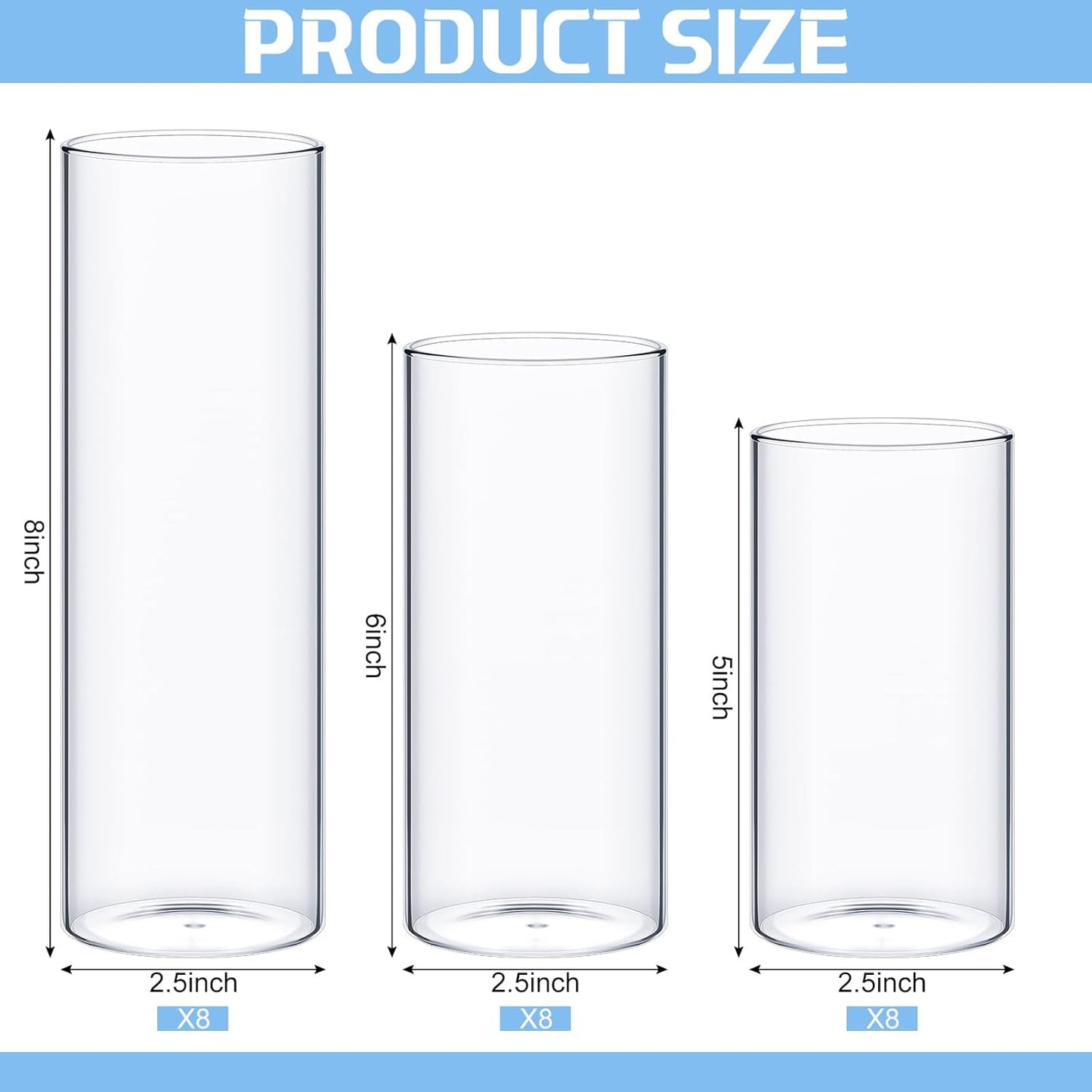 24 Pcs Thin Glass Cylinder Vases 2.5''/3.3'' Diameter 2mm Wall Thickness Clear Flowers Vase Hurricane Floating Candles Holders for Table Centerpieces Wedding Decor (2.5'' X 5'',6'',8'')
