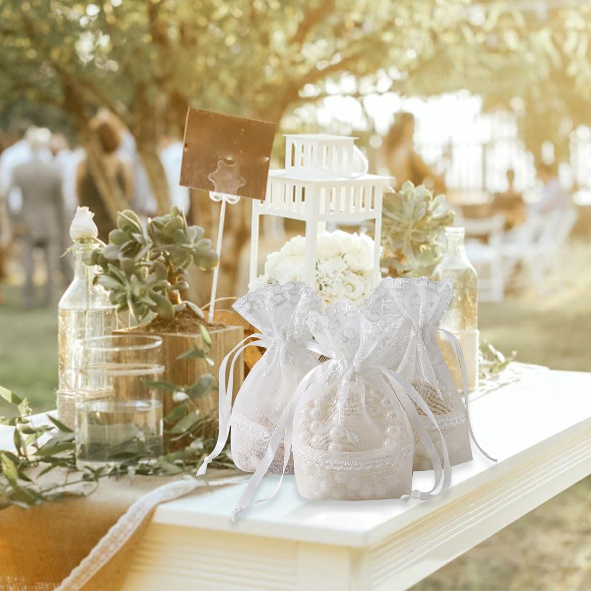 Ewanda store 20Pcs Lace Organza Drawstring Bags Five Petal Flower White Lace Bag for Wedding Christmas Birthday Party Favors Jewelry Pouches