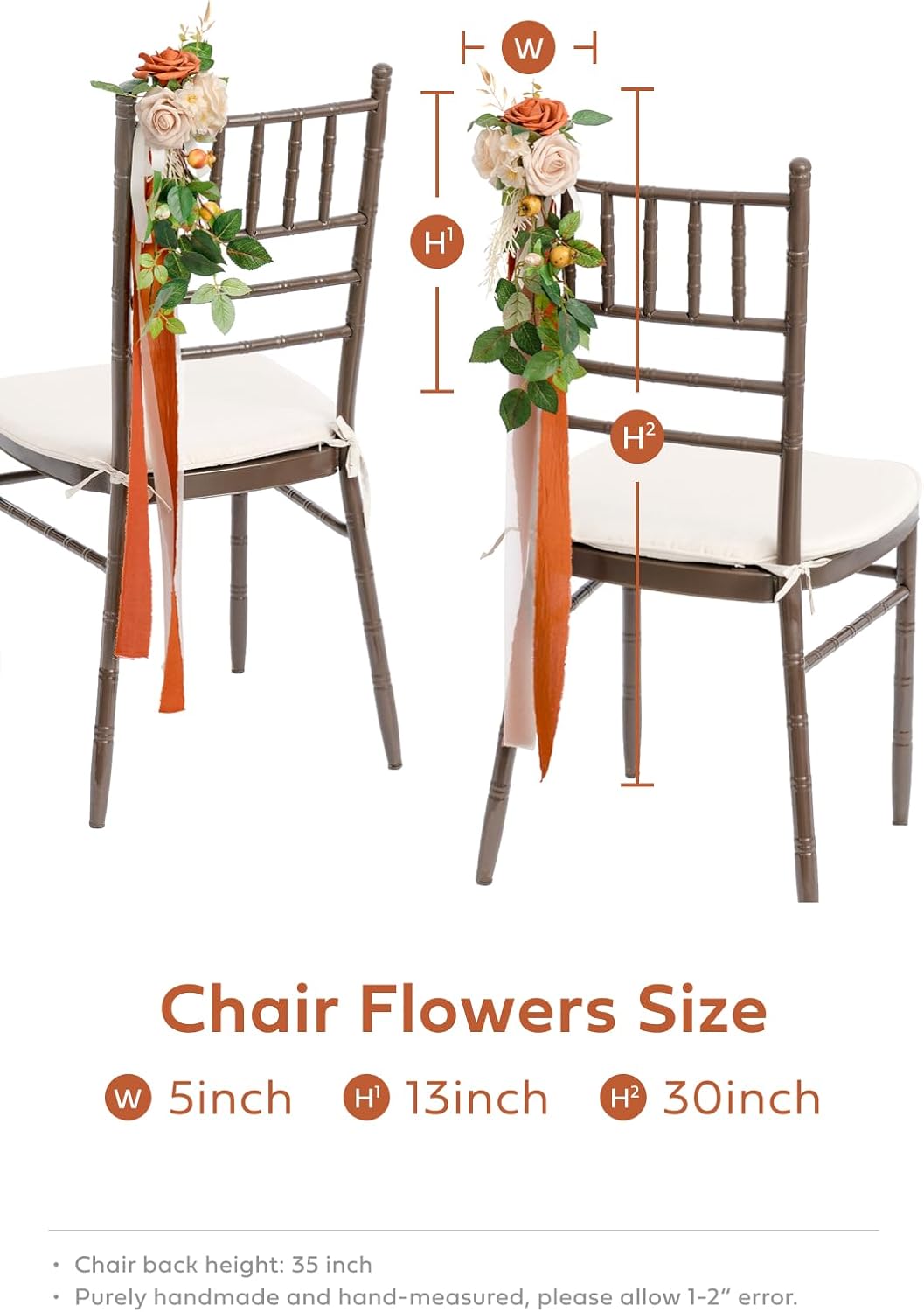 Ling's Moment 8 Wedding Artificial Aisle Pew Flowers Chair Decorations Arrangements With Chiffon Ribbons Sunset Terracotta for Ceremony Reception Chair Back Floral Decor Reception Church Party Outdoor
