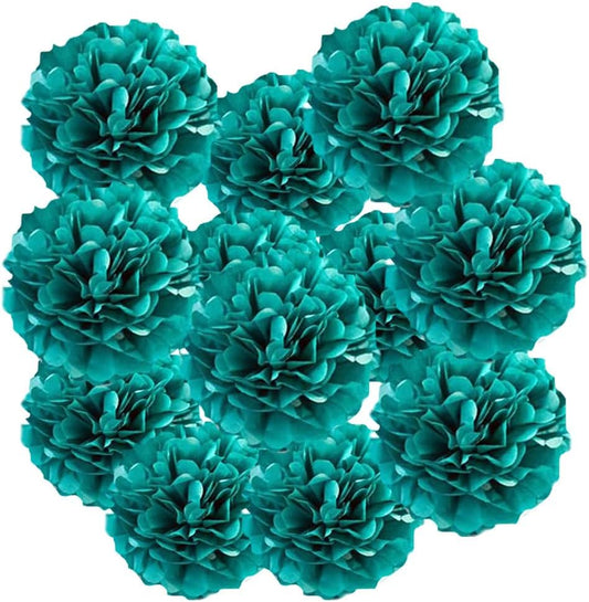 12pcs 10in/12in Teal Tissue Paper Pom Poms - Wedding/Baby Shower/Party Flower Decorations & DIY Art Blooms