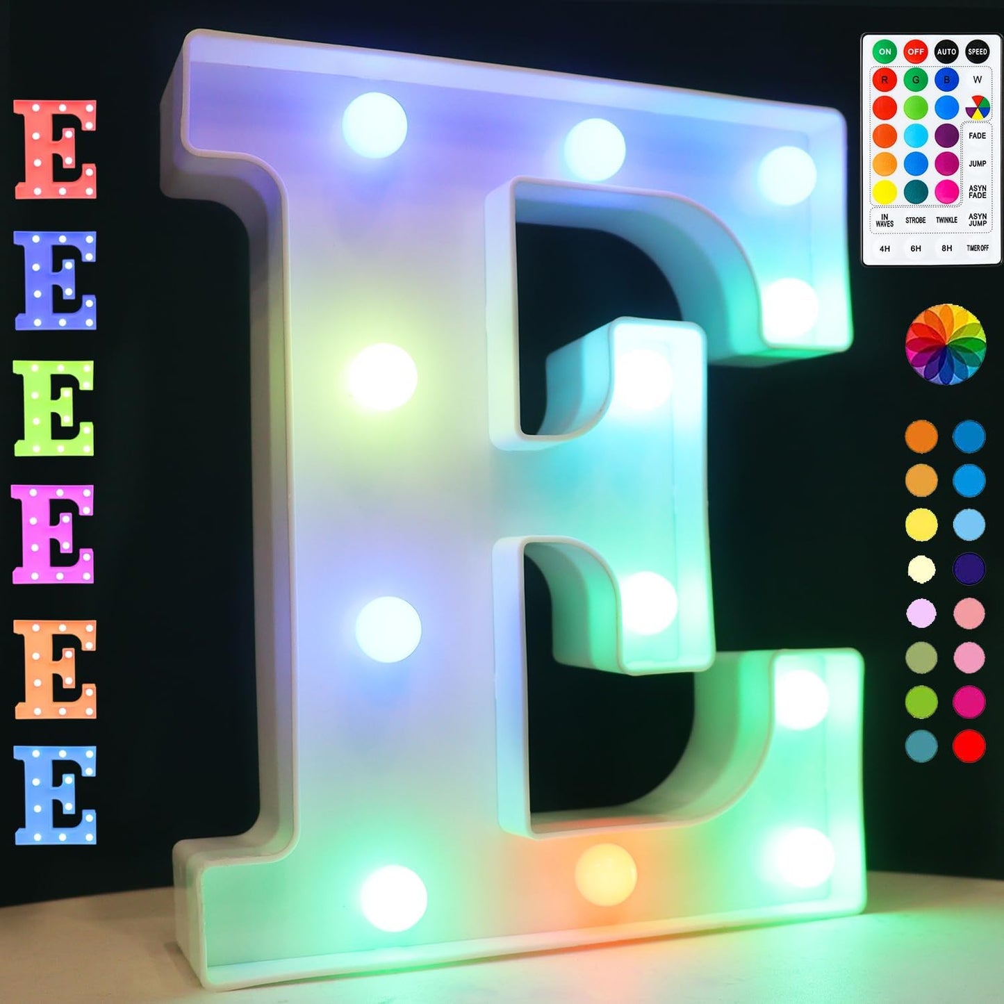 Light Up Colorful LED Marquee Letter lights, 18 Colors Changing Alphabet Letters Sign with Remote Timer for Night Light Girls Bedroom Wedding Birthday Party Lamp Christmas Home Bar Decor- Colorful E