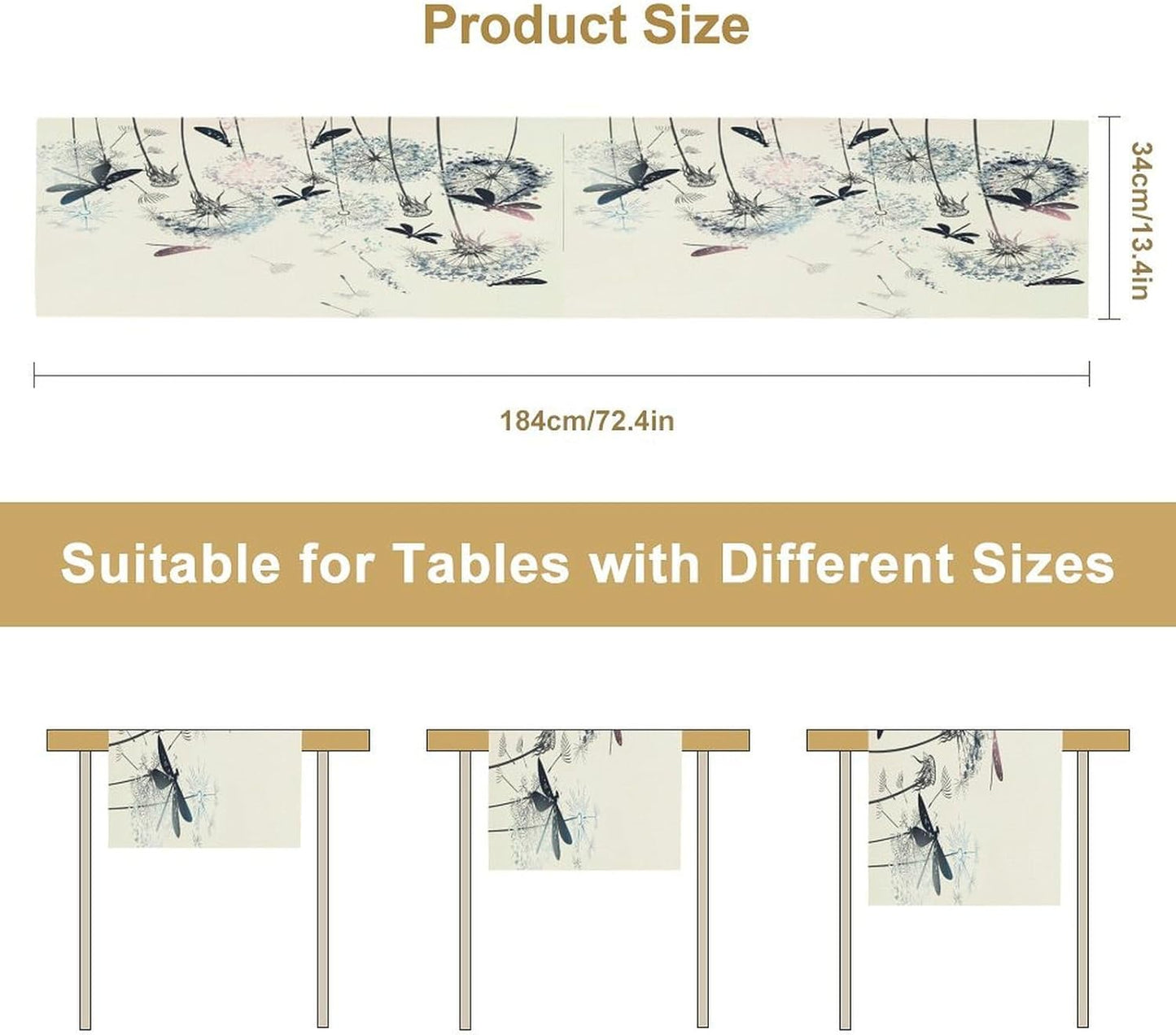 Dandelion Table Runner,Nature Rustic Dragonfly Teal Blue Floral Pattern Print Burlap Tablecloth for Hotel Indoors Outdoor Dining Room Kitchen Table Decor, 13x36in