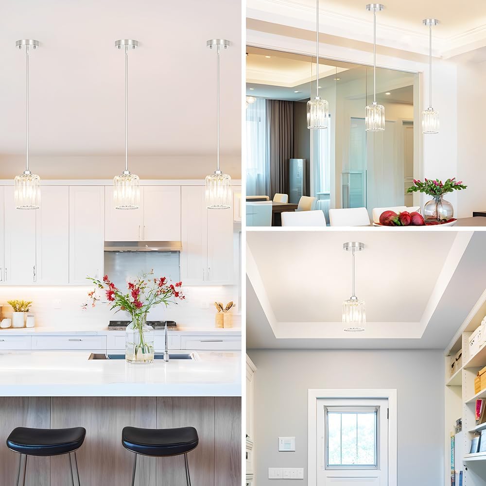 Chrome Kitchen Pendant Lights Over Island with Adjustable Rods - Crystal Pendant Lighting Fixtures 3 Pack, Ideal Over Dining Table or Bar, E26 Bulb Compatible, No Electrician Needed