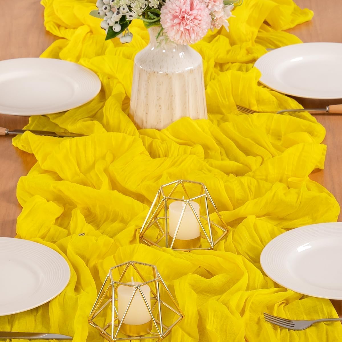 MLMW Yellow Cheesecloth Table Runner Boho Gauze Rustic Cheese Cloth Table Runner 160 inch Sheer 13.3ft for Wedding Party Baby Bridal Shower Birthday