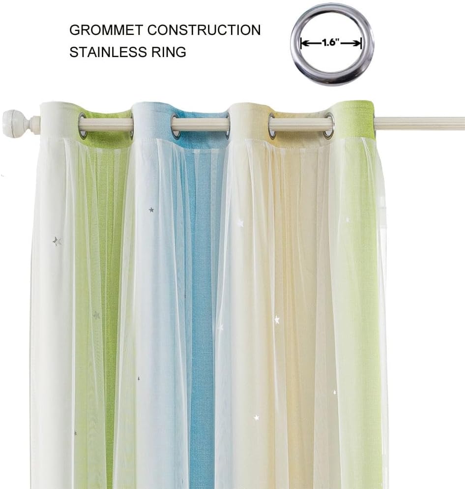 FANLI Ombre Rainbow Blackout Curtains for Kid Girls Bedroom Living Room Darking Stripe Double Layer Star Cut Out Wall Home Decor Gradient Grommet Window Curtains （Blue Green 52Wx95L）