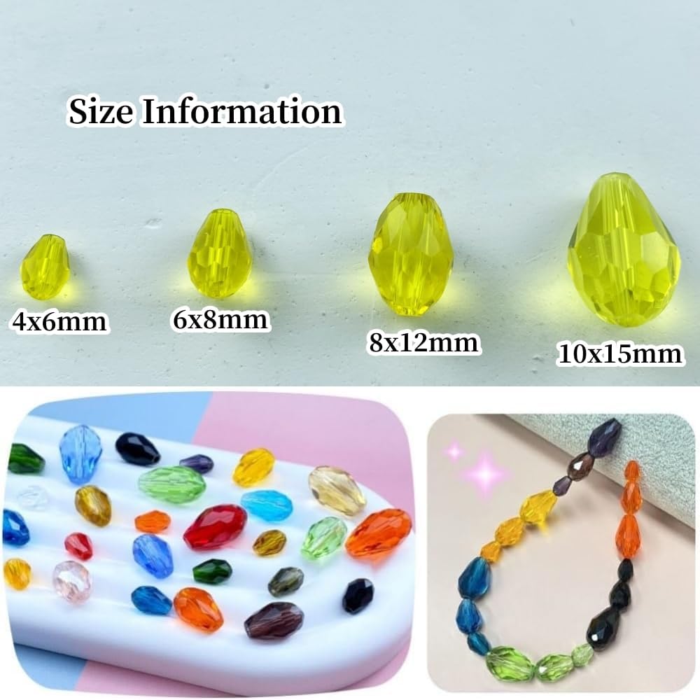 200pcs 4x6mm Teardrop Crystal Glass Beads Vertical Hole Faceted Glass Teardrop Spacer Beads for Bracelets Necklace Earring DIY Jewelry Making Craft(Gold Yellow)