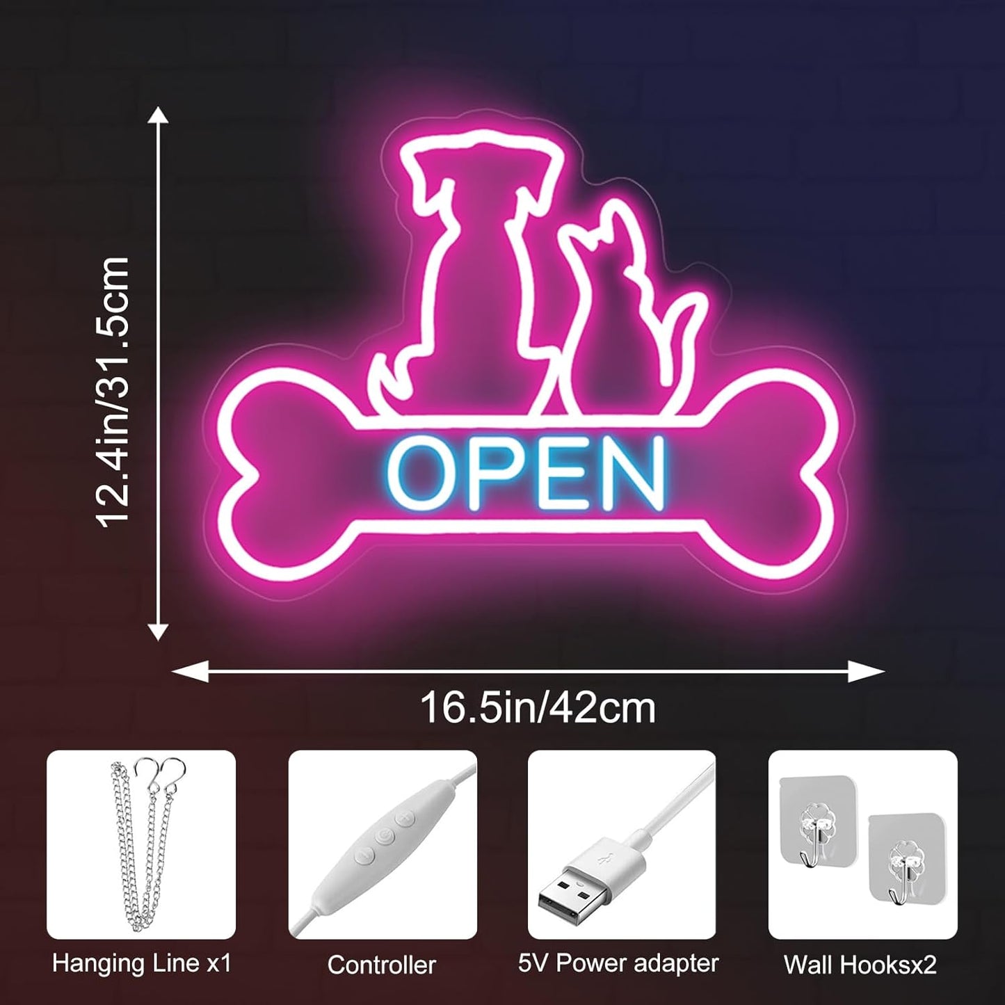 Pet Shop Open Neon Sign LED Dog And Cat Open Sign Bright Pet Grooming Salon Light Animal Shelter Storefront Decor Vet Clinic Window Sign, Pink+Ice Blue, 16.5"x12.4"