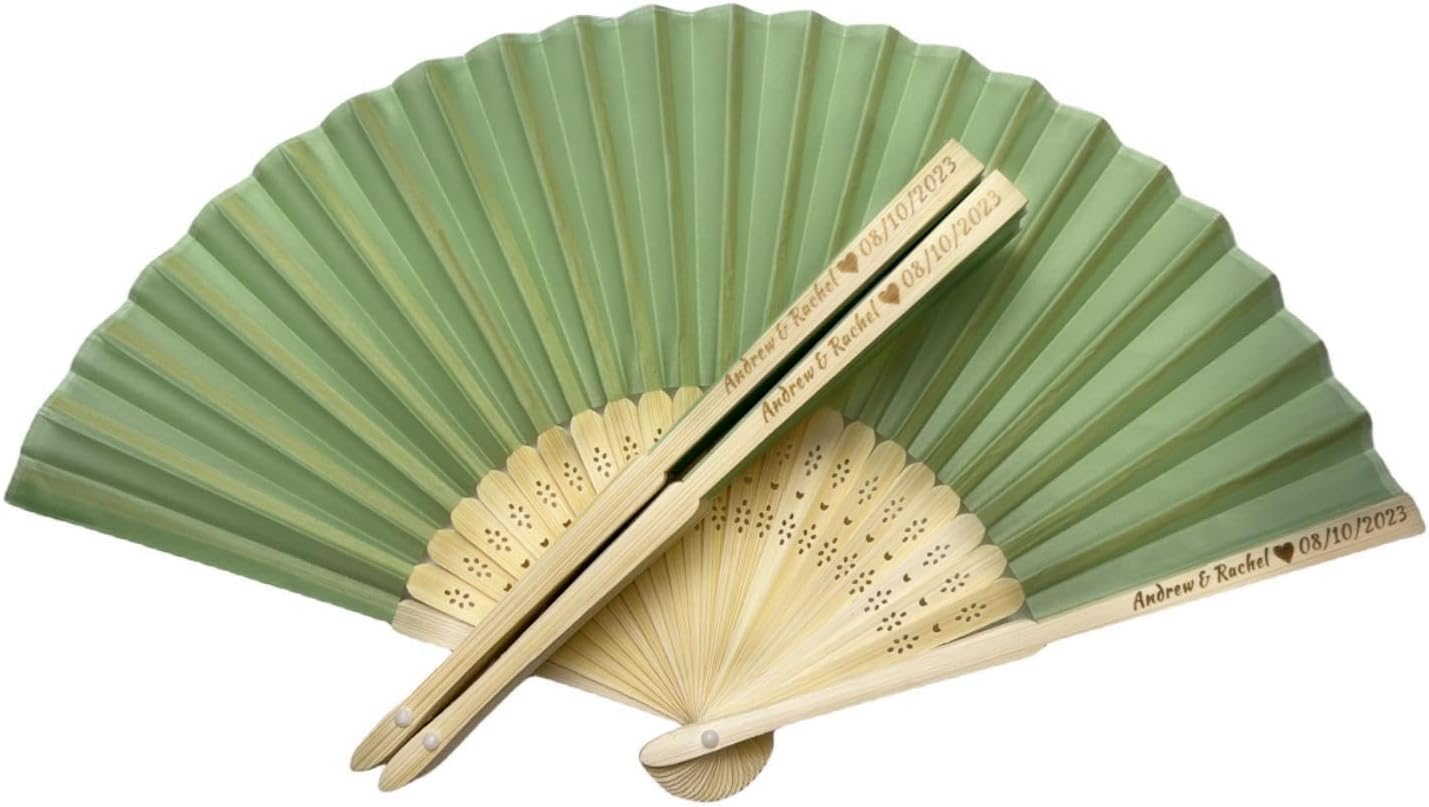 Personalized Wedding Fans Handheld Folding Fans (25Pcs) - Custom Engraved Green Silk Fans for Bridal Shower Favor/Baby Shower Favor, Birthdays Party Gifts/Gifts for Party Guests